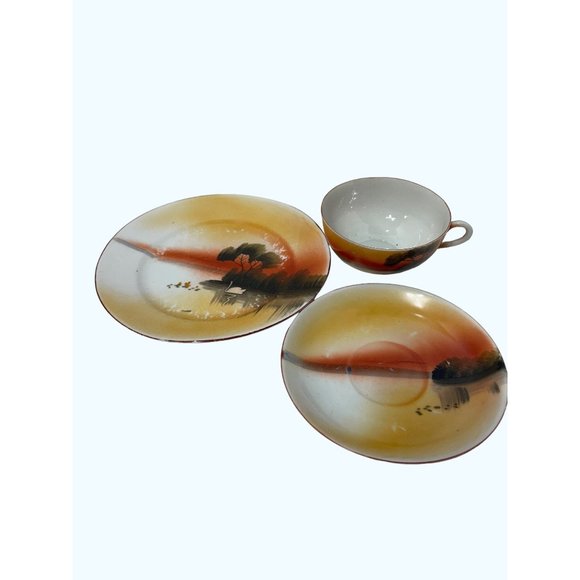 Luster ware Cup Saucer Plate Swan Lake Sunset - Picture 3 of 12